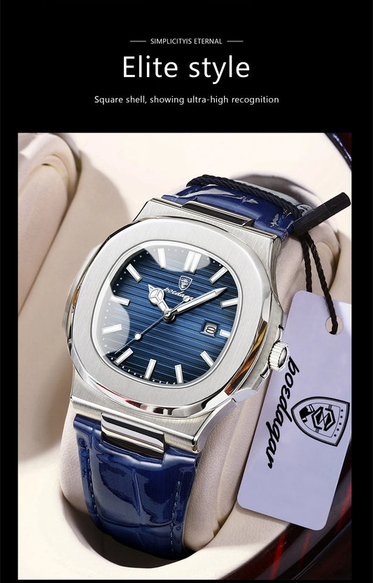 POEDAGAR Men’s Square Quartz Watch – Genuine Leather Strap, Luminous Dial & Date Display