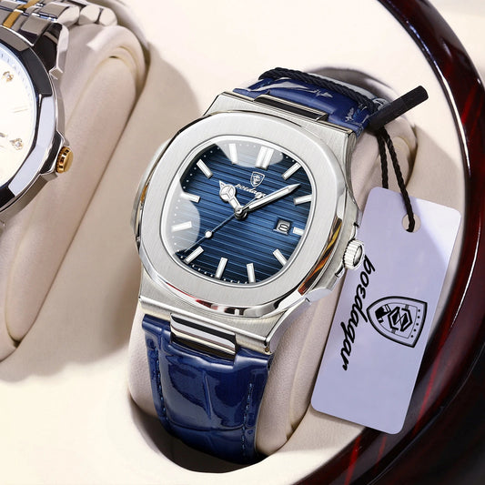 POEDAGAR Men’s Square Quartz Watch – Genuine Leather Strap, Luminous Dial & Date Display