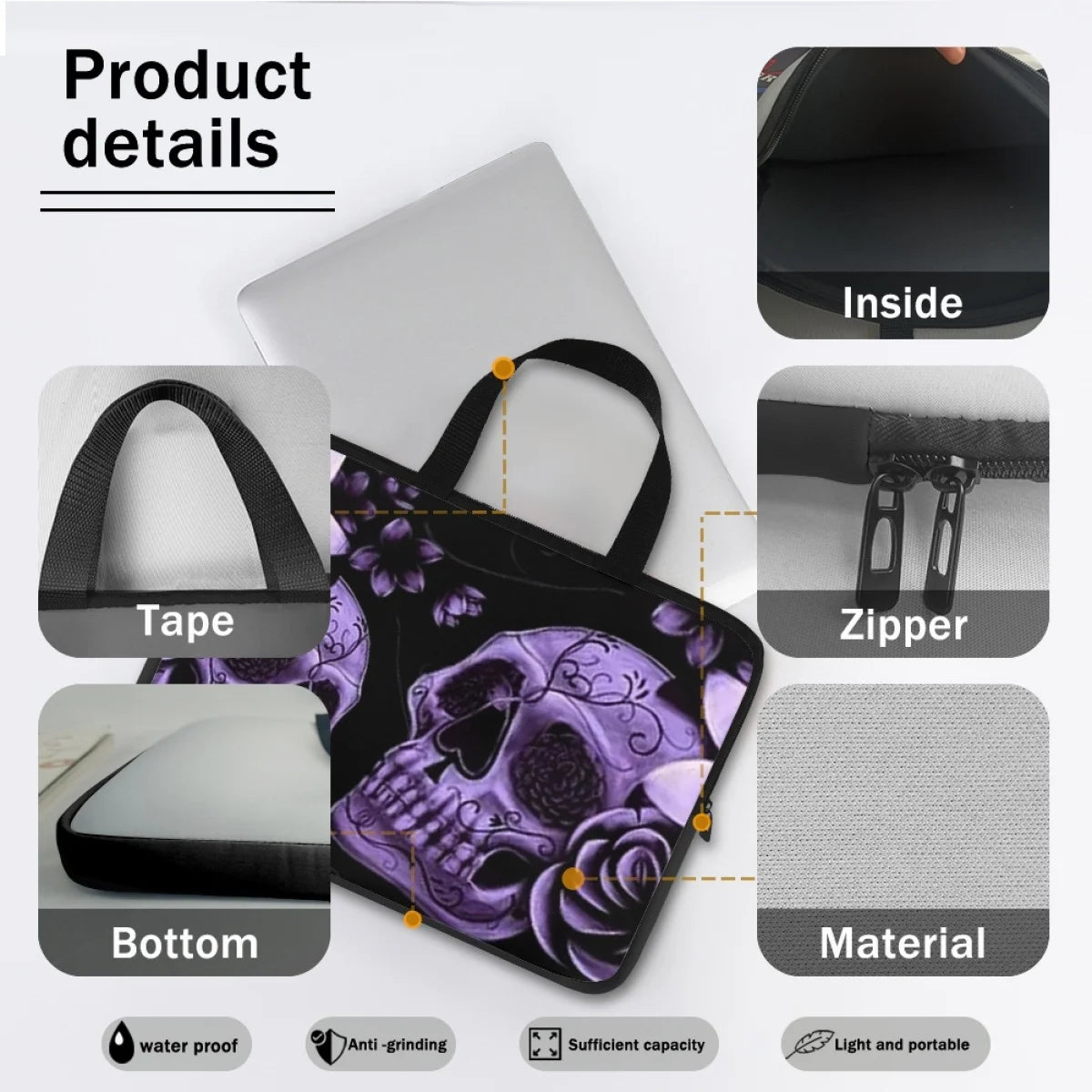Purple Rose Skull Print Laptop Sleeve