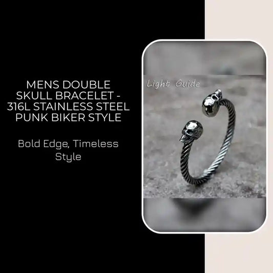 Mens Double Skull Bracelet - 316L Stainless Steel Punk Biker Style by@Outfy
