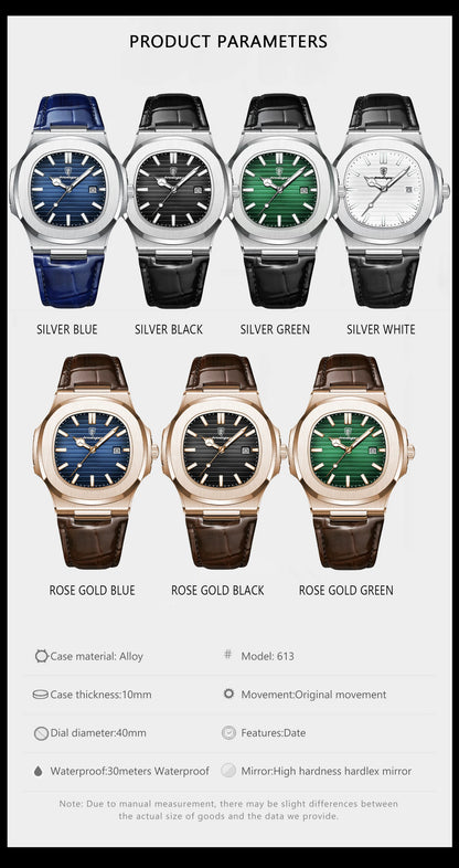 POEDAGAR Men’s Square Quartz Watch – Genuine Leather Strap, Luminous Dial & Date Display