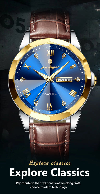 Classic Men’s Leather Quartz Watch – Day & Date