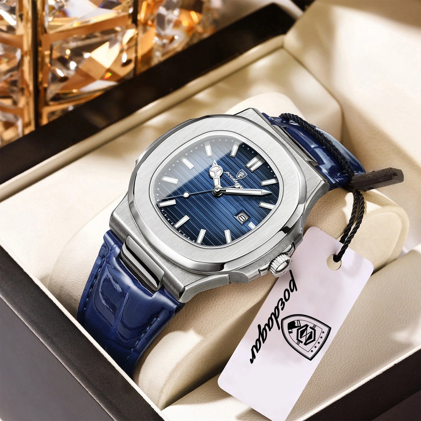 POEDAGAR Men’s Square Quartz Watch – Genuine Leather Strap, Luminous Dial & Date Display