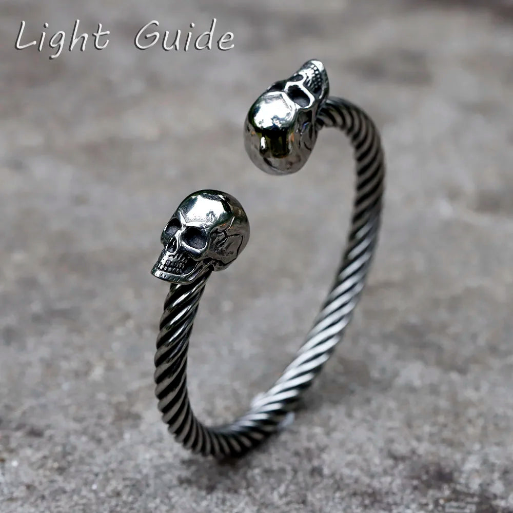 Mens Double Skull Bracelet - 316L Stainless Steel Punk Biker Style