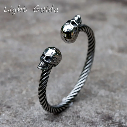 Mens Double Skull Bracelet - 316L Stainless Steel Punk Biker Style