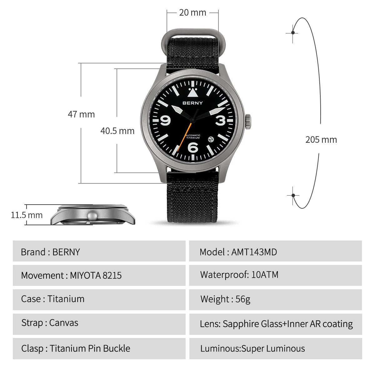BERNY Titanium Automatic Field Watch – Mechanical Military Wristwatch with Sapphire Crystal