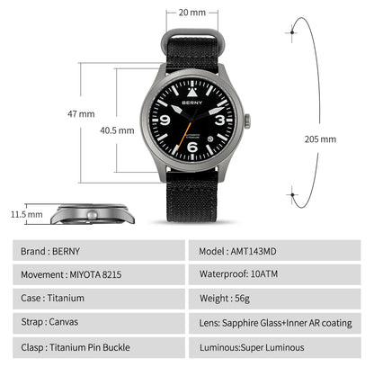 BERNY Titanium Automatic Field Watch – Mechanical Military Wristwatch with Sapphire Crystal