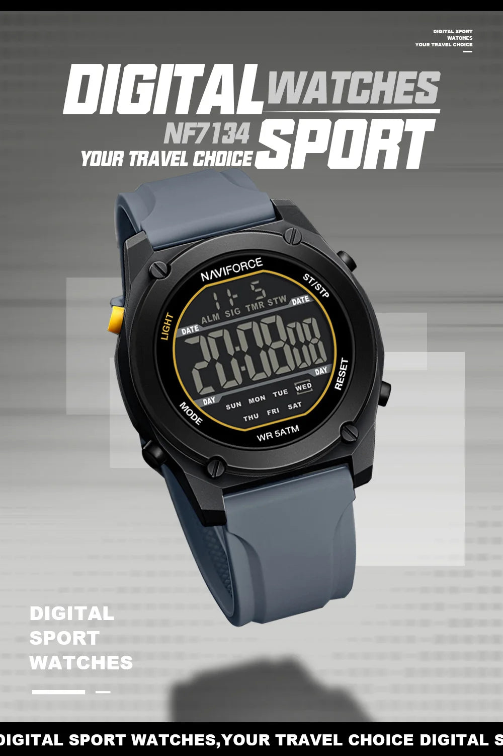 Men's Digital Sports Watch 50M Waterproof HD Electronic Screen with Alarm
