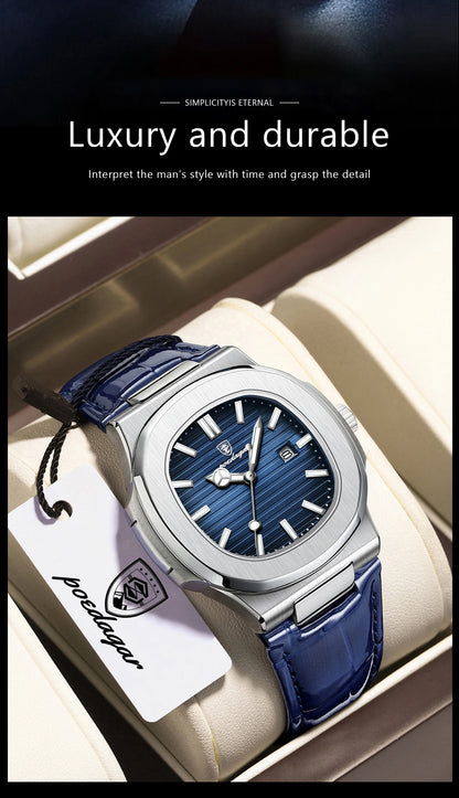 POEDAGAR Men’s Square Quartz Watch – Genuine Leather Strap, Luminous Dial & Date Display