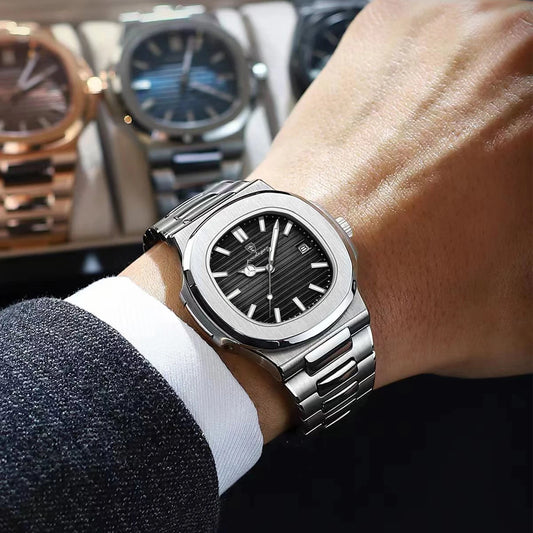 POEDAGAR Luxury Square Quartz Men's Watch - Waterproof Stainless Steel Dress Timepiece