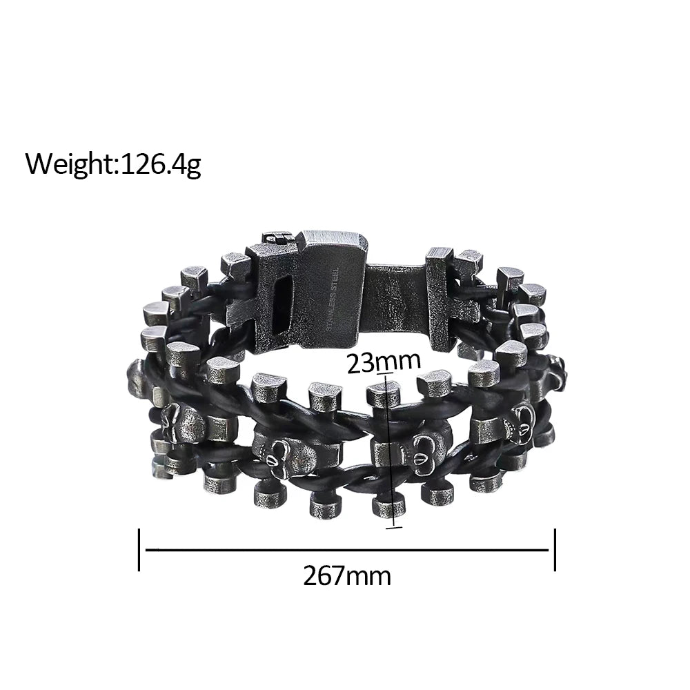 Vintage Punk Skull Bracelet for Men - 316L Stainless Steel & Braided Leather Biker Amulet Jewelry