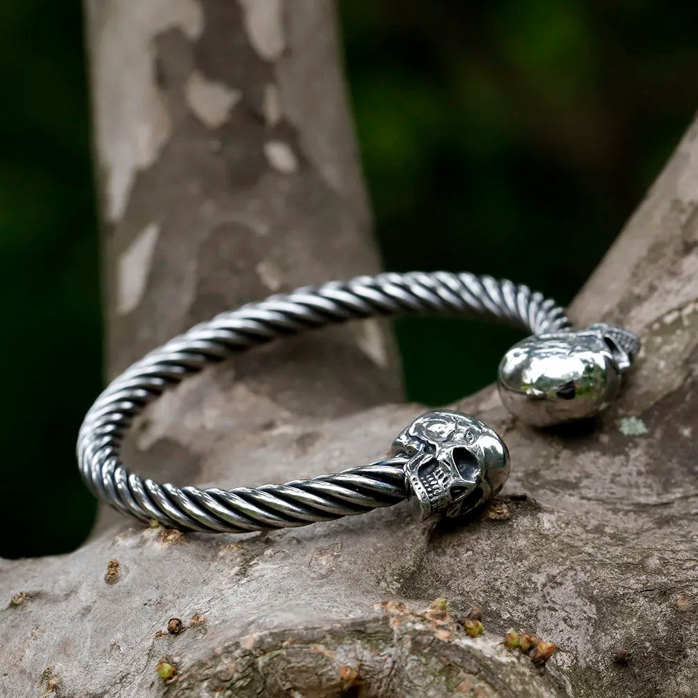 Mens Double Skull Bracelet - 316L Stainless Steel Punk Biker Style