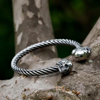 Mens Double Skull Bracelet - 316L Stainless Steel Punk Biker Style