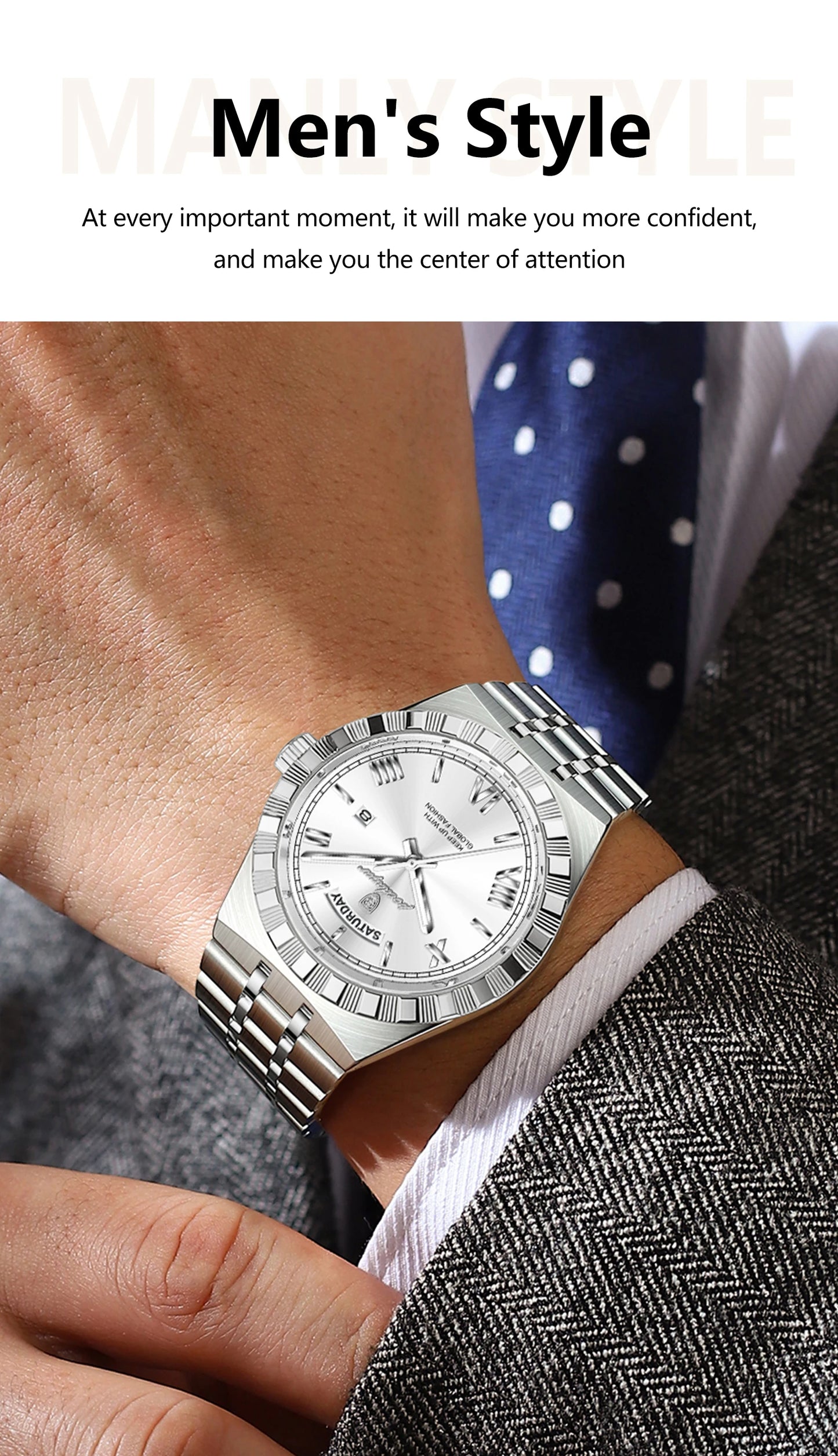 Classic Men's Day-Date Stainless Steel Quartz Watch