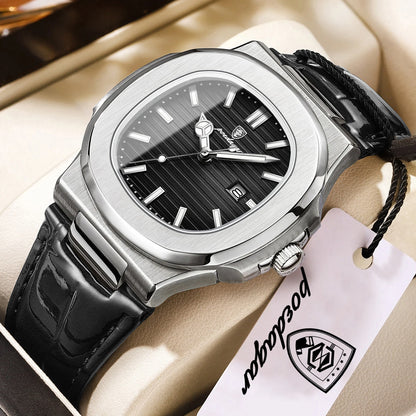 POEDAGAR Men’s Square Quartz Watch – Genuine Leather Strap, Luminous Dial & Date Display