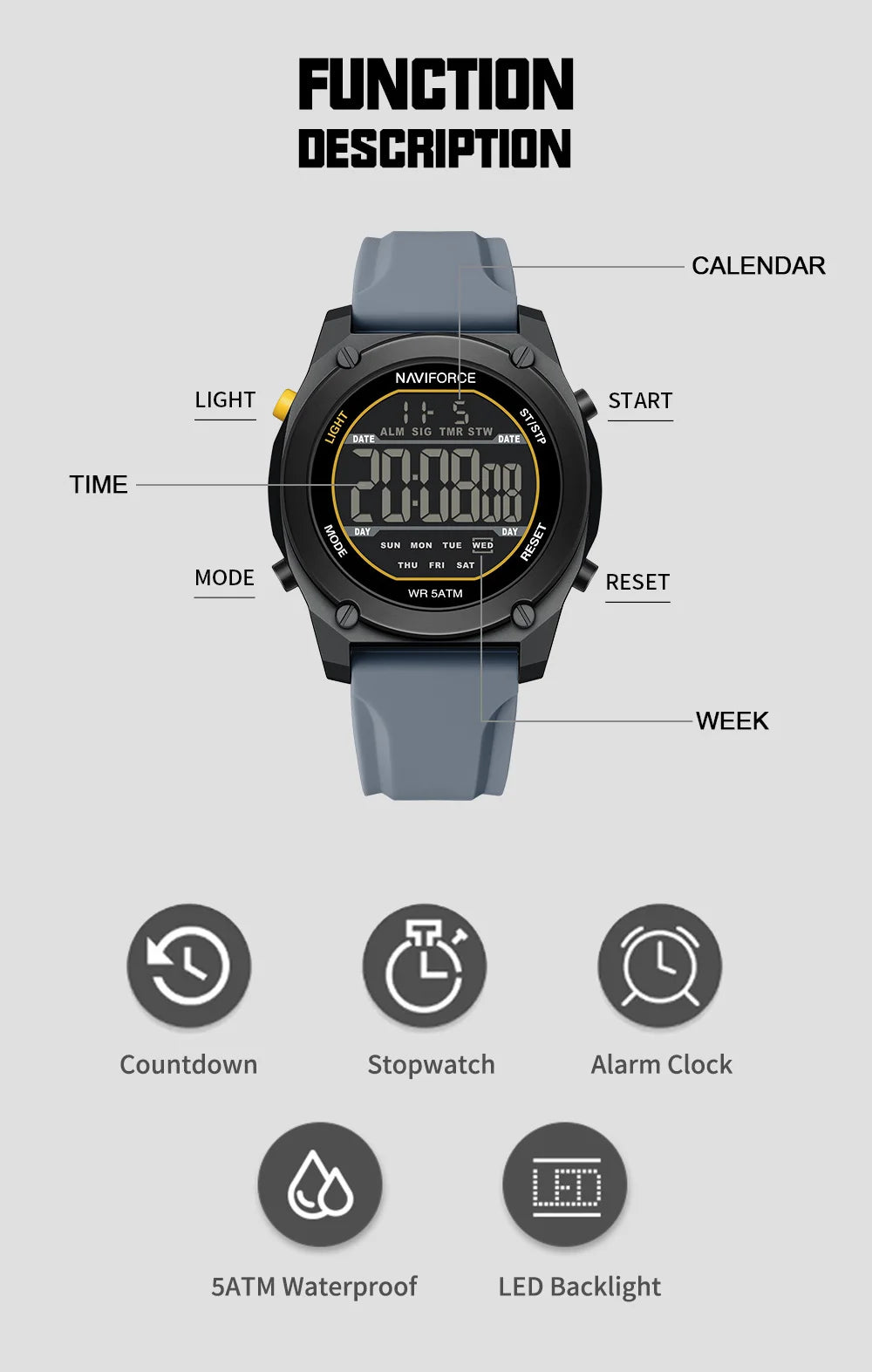 Men's Digital Sports Watch 50M Waterproof HD Electronic Screen with Alarm