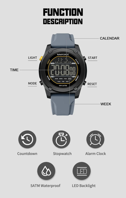 Men's Digital Sports Watch 50M Waterproof HD Electronic Screen with Alarm