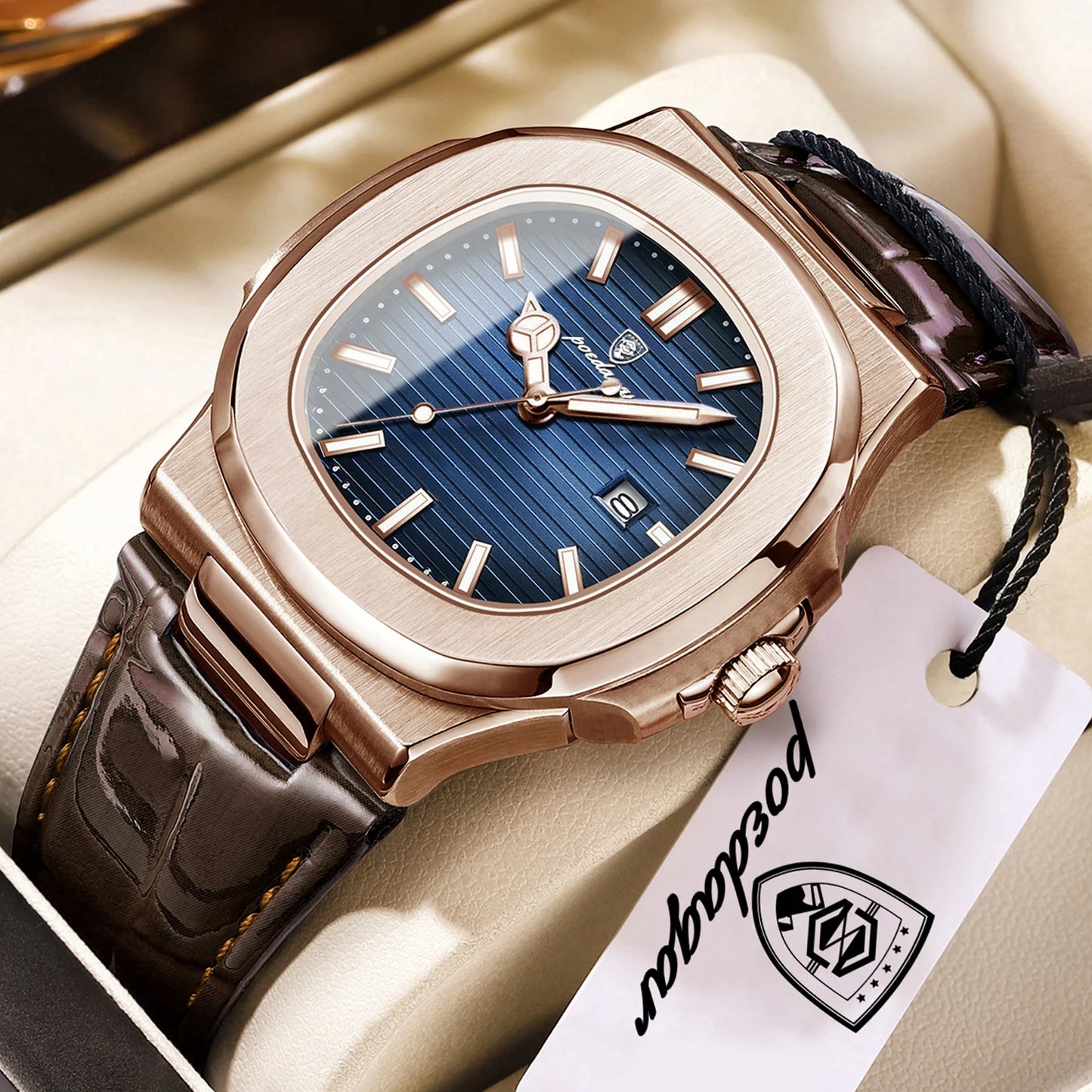 POEDAGAR Men’s Square Quartz Watch – Genuine Leather Strap, Luminous Dial & Date Display