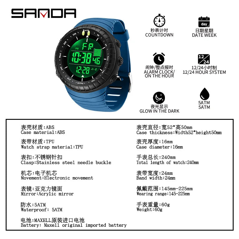 New Sports Electronic Watch LED Alarm Clock Multi functional Night Light & Waterproof