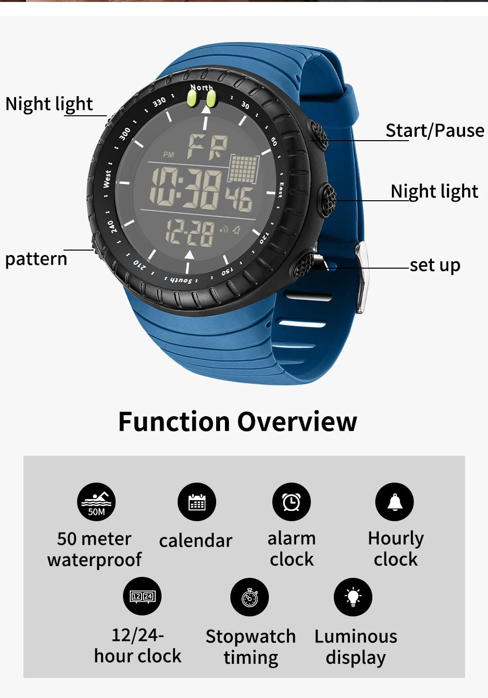 New Sports Electronic Watch LED Alarm Clock Multi functional Night Light & Waterproof