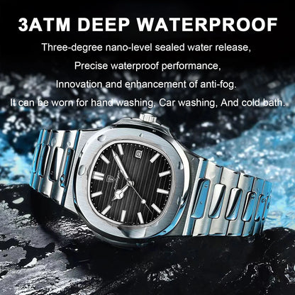 POEDAGAR Luxury Square Quartz Men's Watch - Waterproof Stainless Steel Dress Timepiece