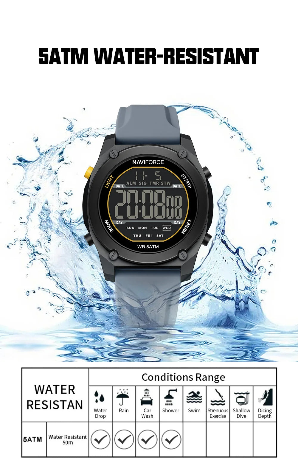 Men's Digital Sports Watch 50M Waterproof HD Electronic Screen with Alarm
