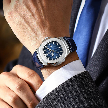 POEDAGAR Men’s Square Quartz Watch – Genuine Leather Strap, Luminous Dial & Date Display