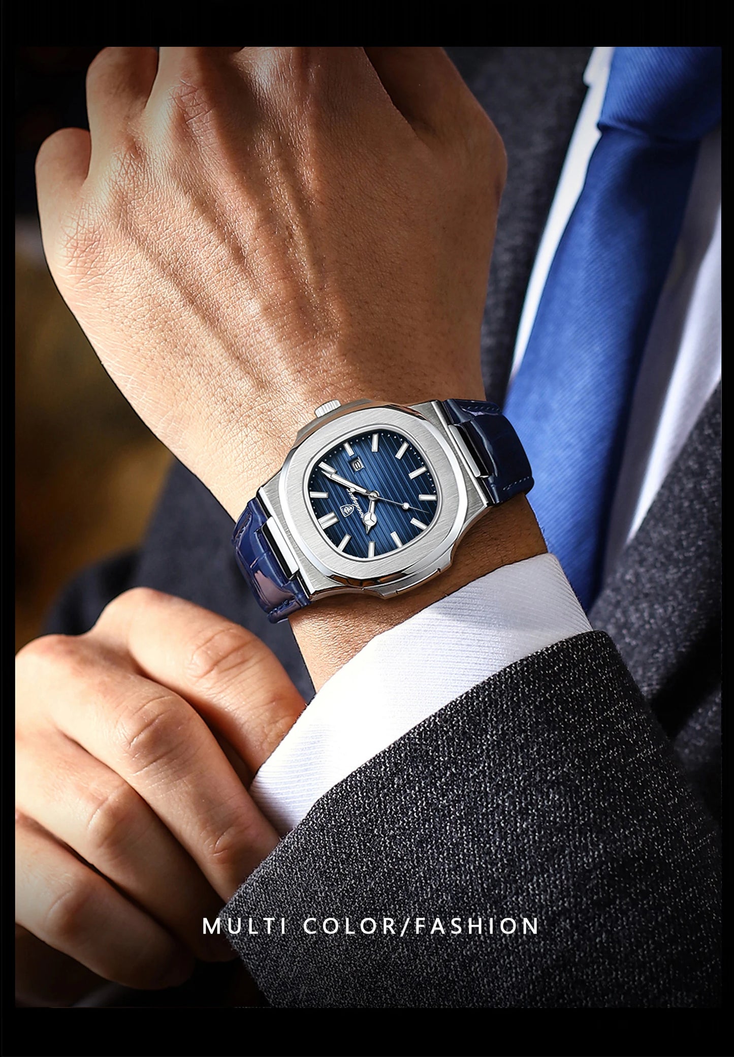 POEDAGAR Men’s Square Quartz Watch – Genuine Leather Strap, Luminous Dial & Date Display