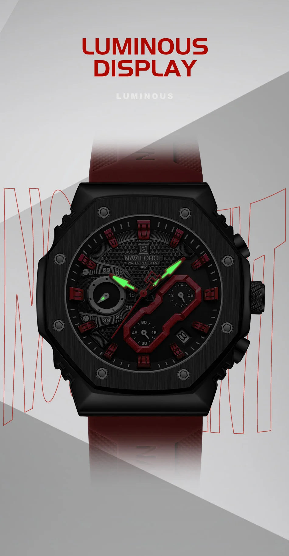 Fashion Sports Watch 30m Waterproof Quartz Movement Luminous Silicone Strap