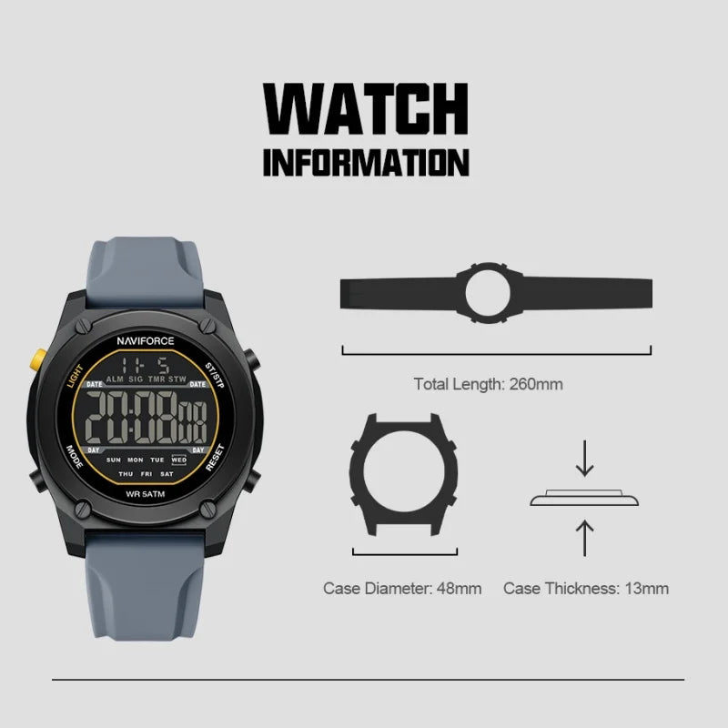 Men's Digital Sports Watch 50M Waterproof HD Electronic Screen with Alarm