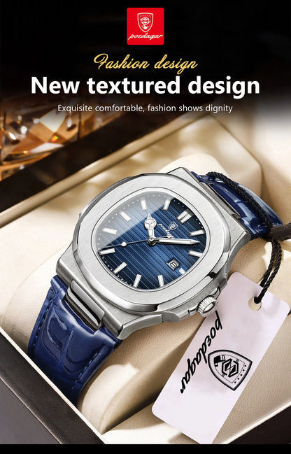 POEDAGAR Men’s Square Quartz Watch – Genuine Leather Strap, Luminous Dial & Date Display