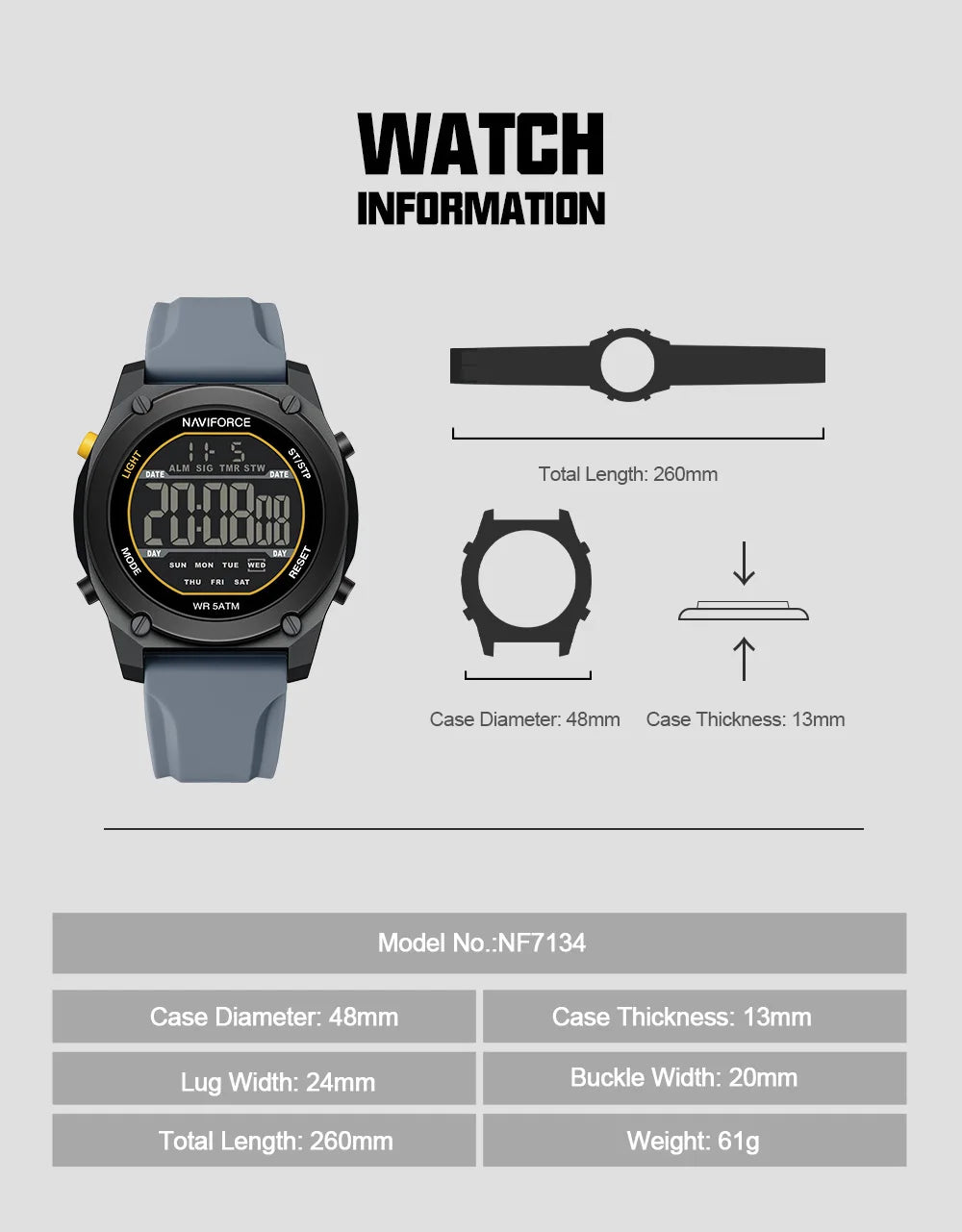 Men's Digital Sports Watch 50M Waterproof HD Electronic Screen with Alarm