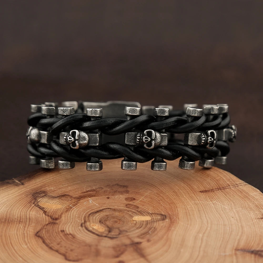 Vintage Punk Skull Bracelet for Men - 316L Stainless Steel & Braided Leather Biker Amulet Jewelry