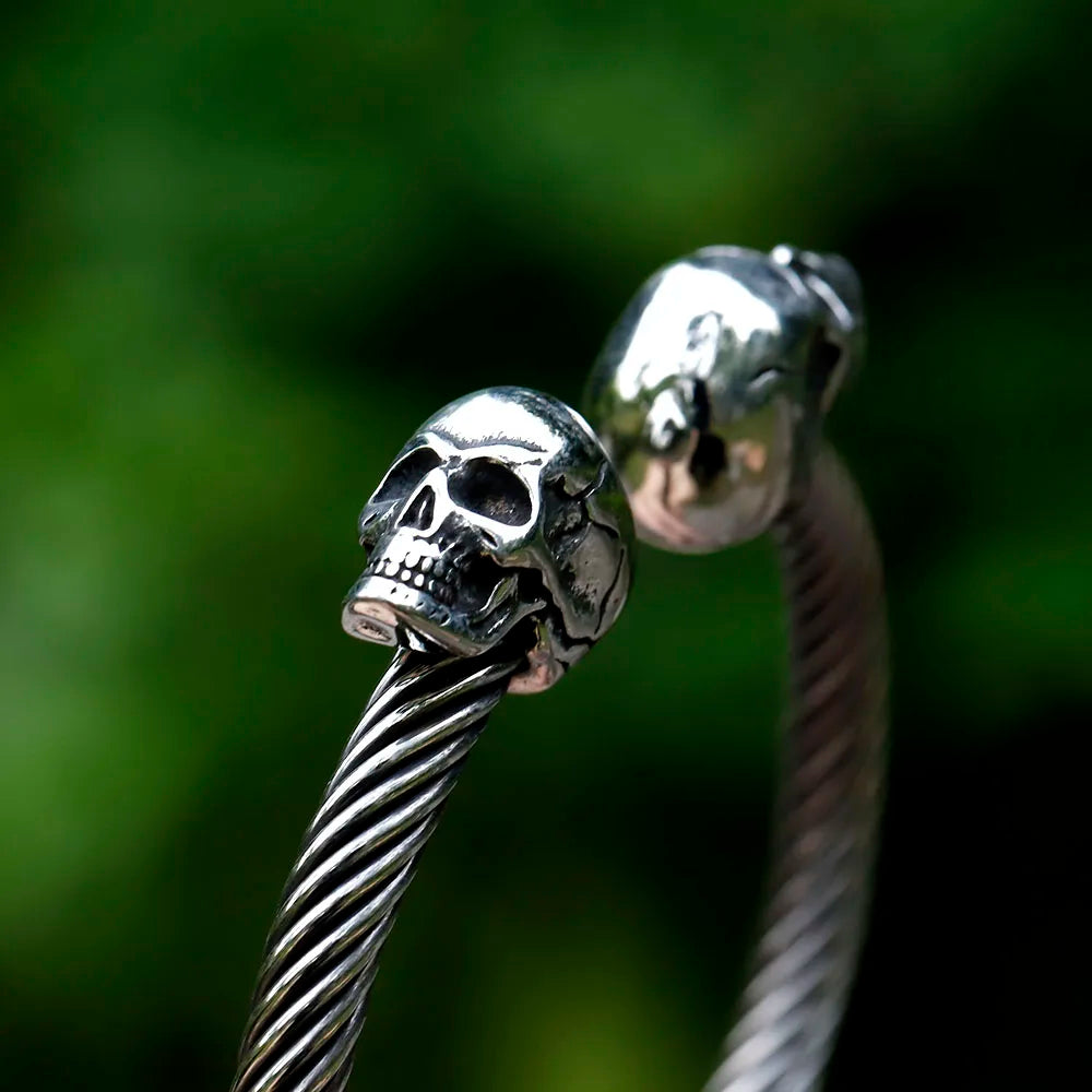 Mens Double Skull Bracelet - 316L Stainless Steel Punk Biker Style