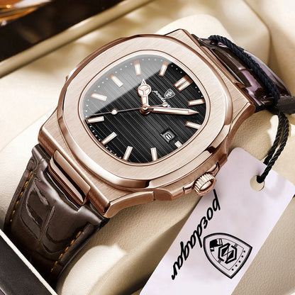POEDAGAR Men’s Square Quartz Watch – Genuine Leather Strap, Luminous Dial & Date Display