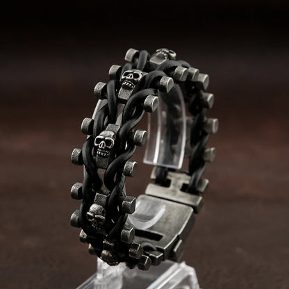 Vintage Punk Skull Bracelet for Men - 316L Stainless Steel & Braided Leather Biker Amulet Jewelry