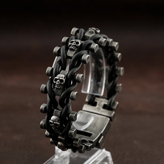 Vintage Punk Skull Bracelet for Men - 316L Stainless Steel & Braided Leather Biker Amulet Jewelry