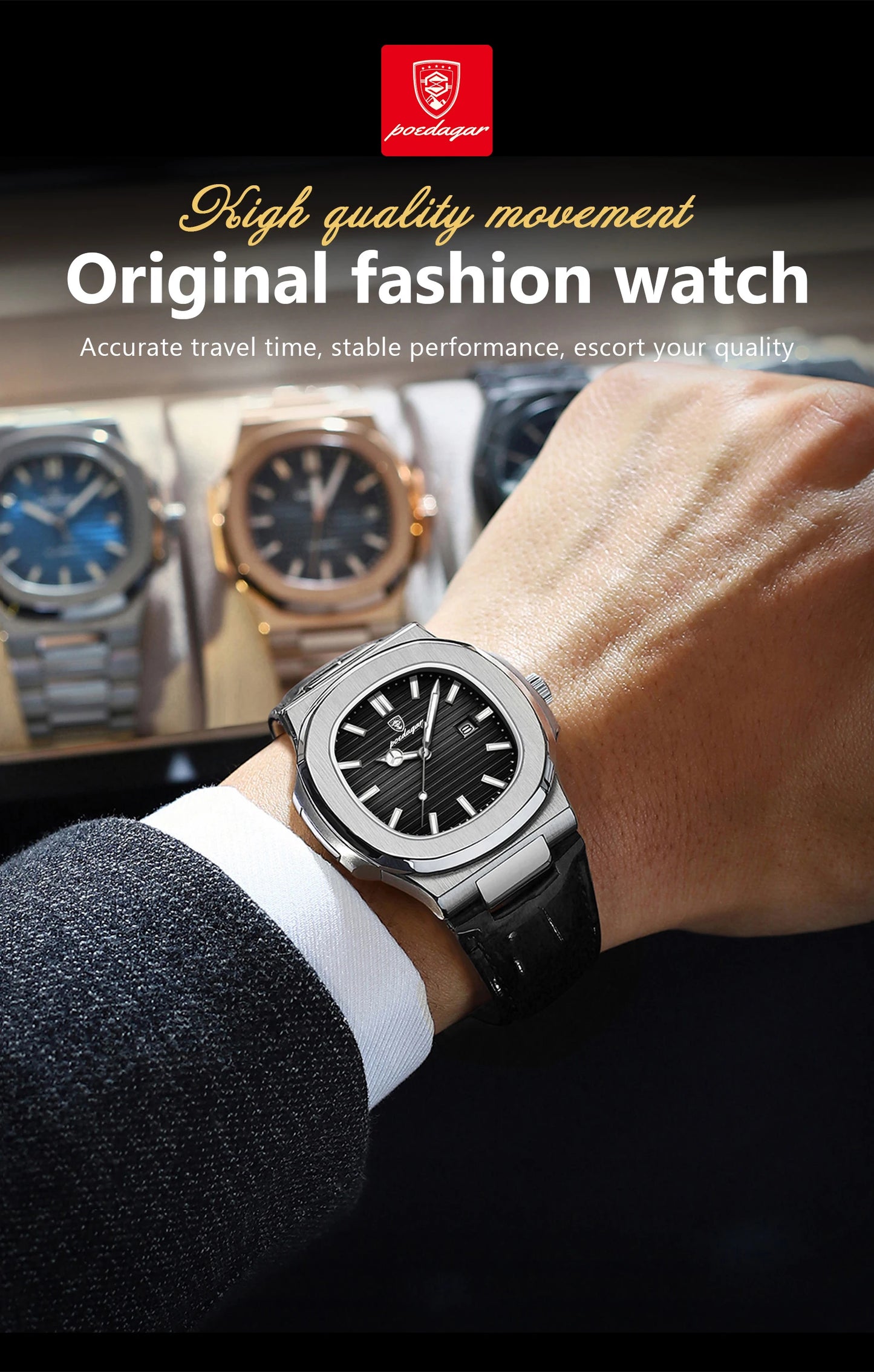 POEDAGAR Men’s Square Quartz Watch – Genuine Leather Strap, Luminous Dial & Date Display
