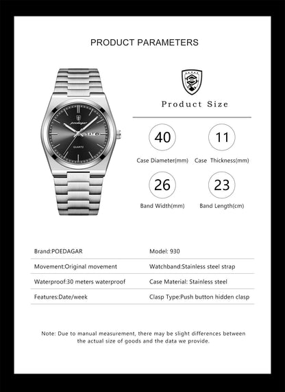 POEDAGAR Luminous, Waterproof Luxury Men's Quartz Wristwatch Day/Date