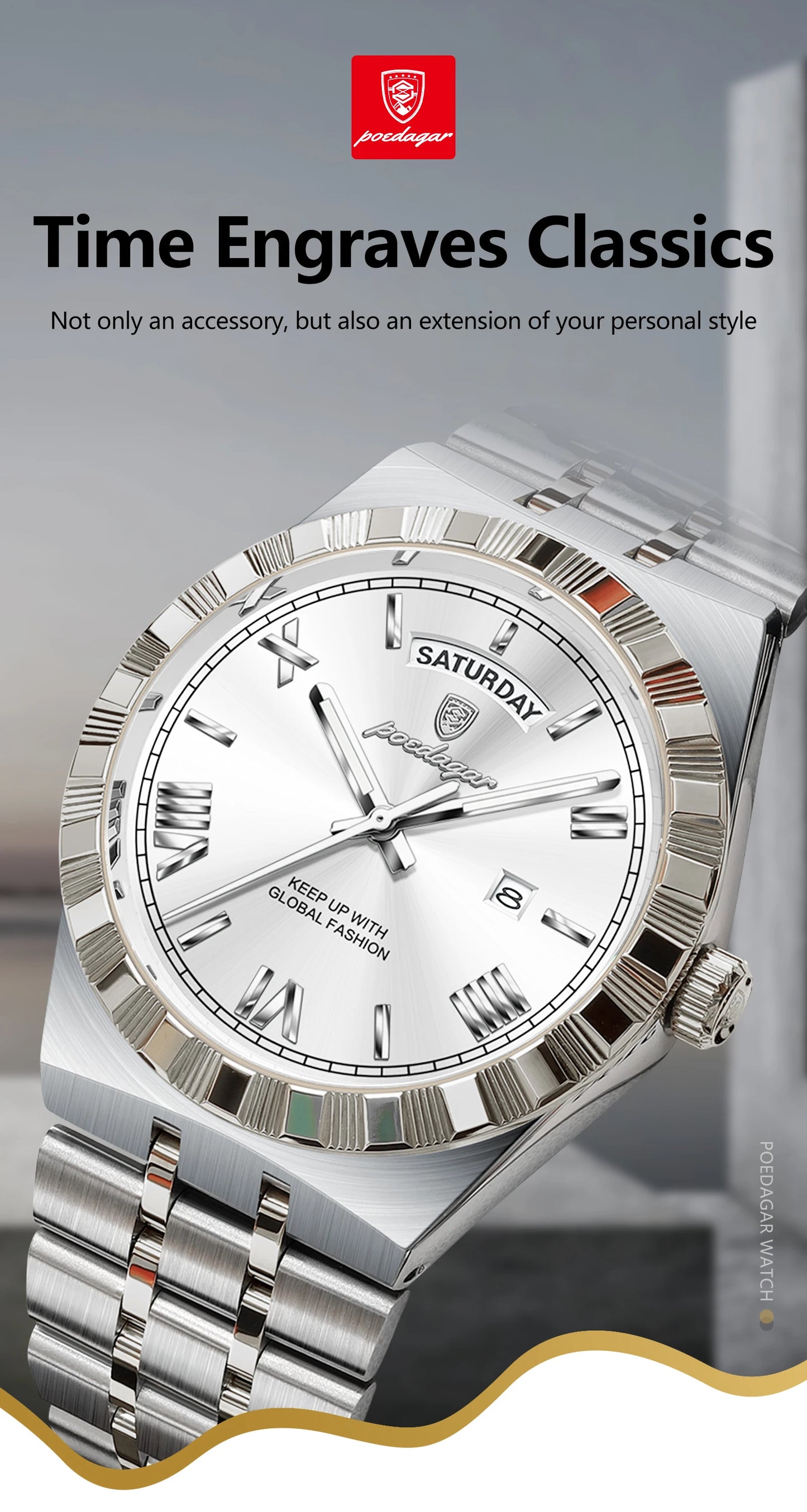 Classic Men's Day-Date Stainless Steel Quartz Watch