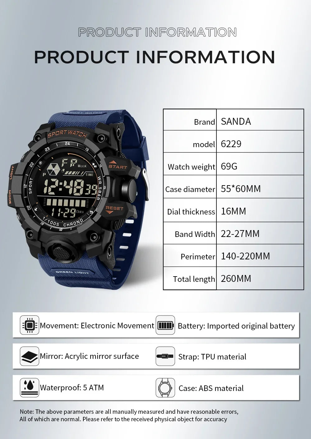 Outdoor Sports Watch Waterproof Analog Digital Multifunction Big Dial Wristwatch