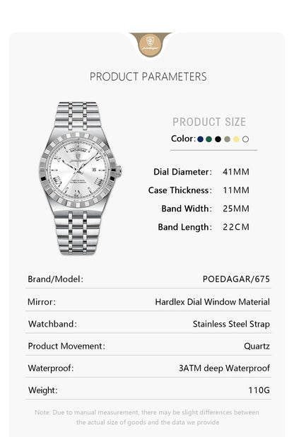 Classic Men's Day-Date Stainless Steel Quartz Watch
