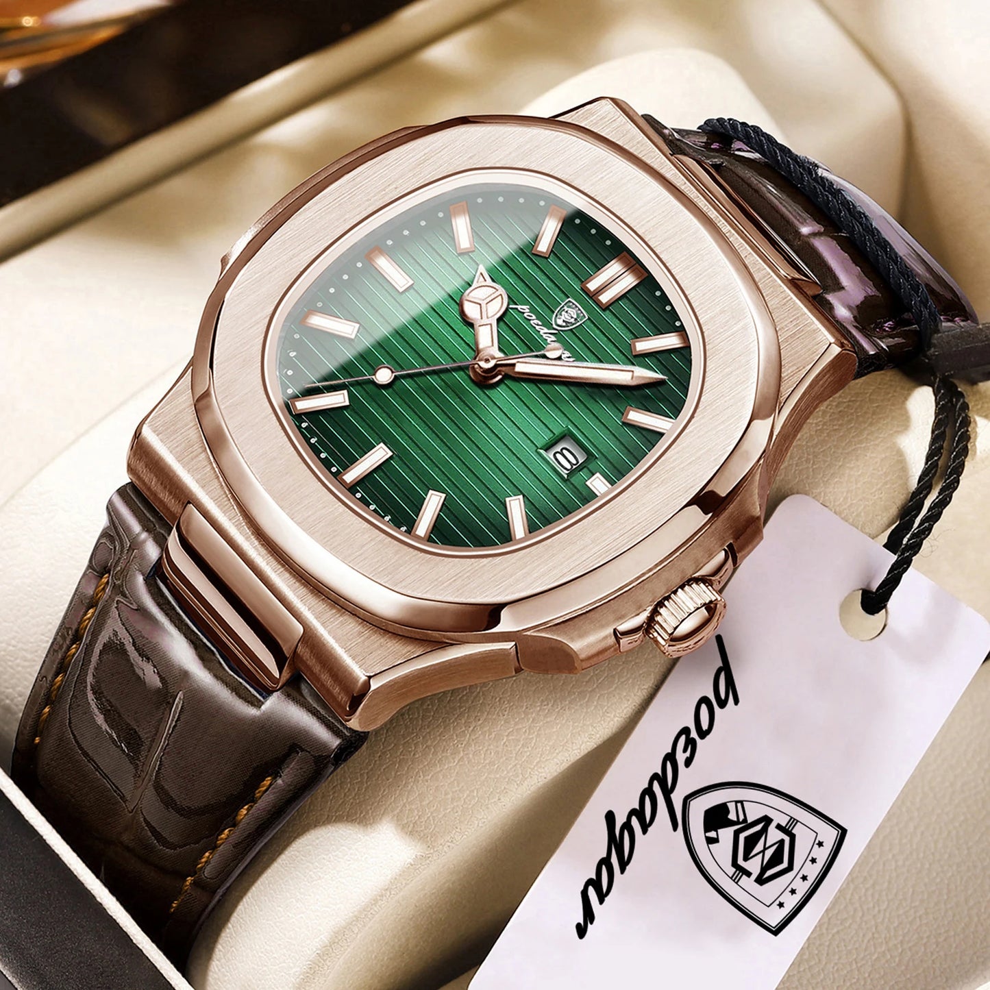 POEDAGAR Men’s Square Quartz Watch – Genuine Leather Strap, Luminous Dial & Date Display