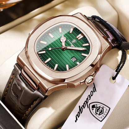 POEDAGAR Men’s Square Quartz Watch – Genuine Leather Strap, Luminous Dial & Date Display