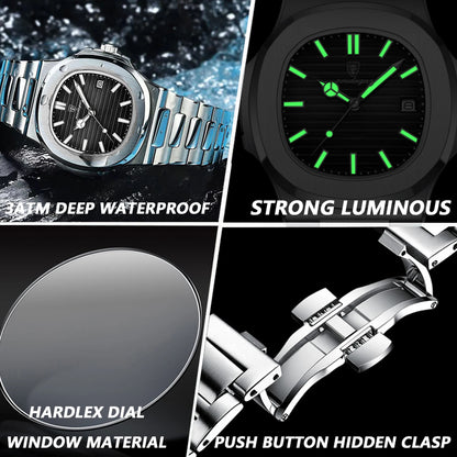 POEDAGAR Luxury Square Quartz Men's Watch - Waterproof Stainless Steel Dress Timepiece