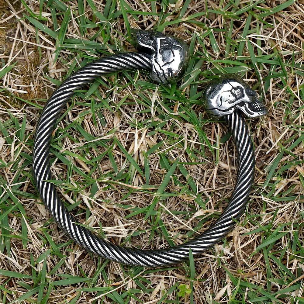 Mens Double Skull Bracelet - 316L Stainless Steel Punk Biker Style