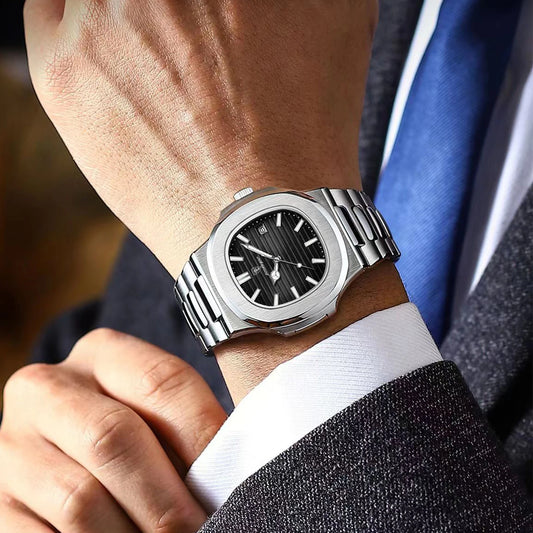 POEDAGAR Luxury Square Quartz Men's Watch - Waterproof Stainless Steel Dress Timepiece