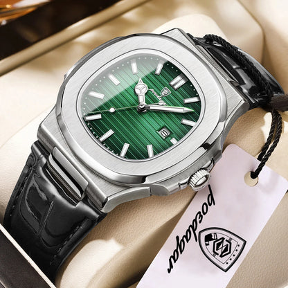 POEDAGAR Men’s Square Quartz Watch – Genuine Leather Strap, Luminous Dial & Date Display