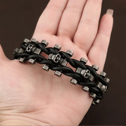 Vintage Punk Skull Bracelet for Men - 316L Stainless Steel & Braided Leather Biker Amulet Jewelry