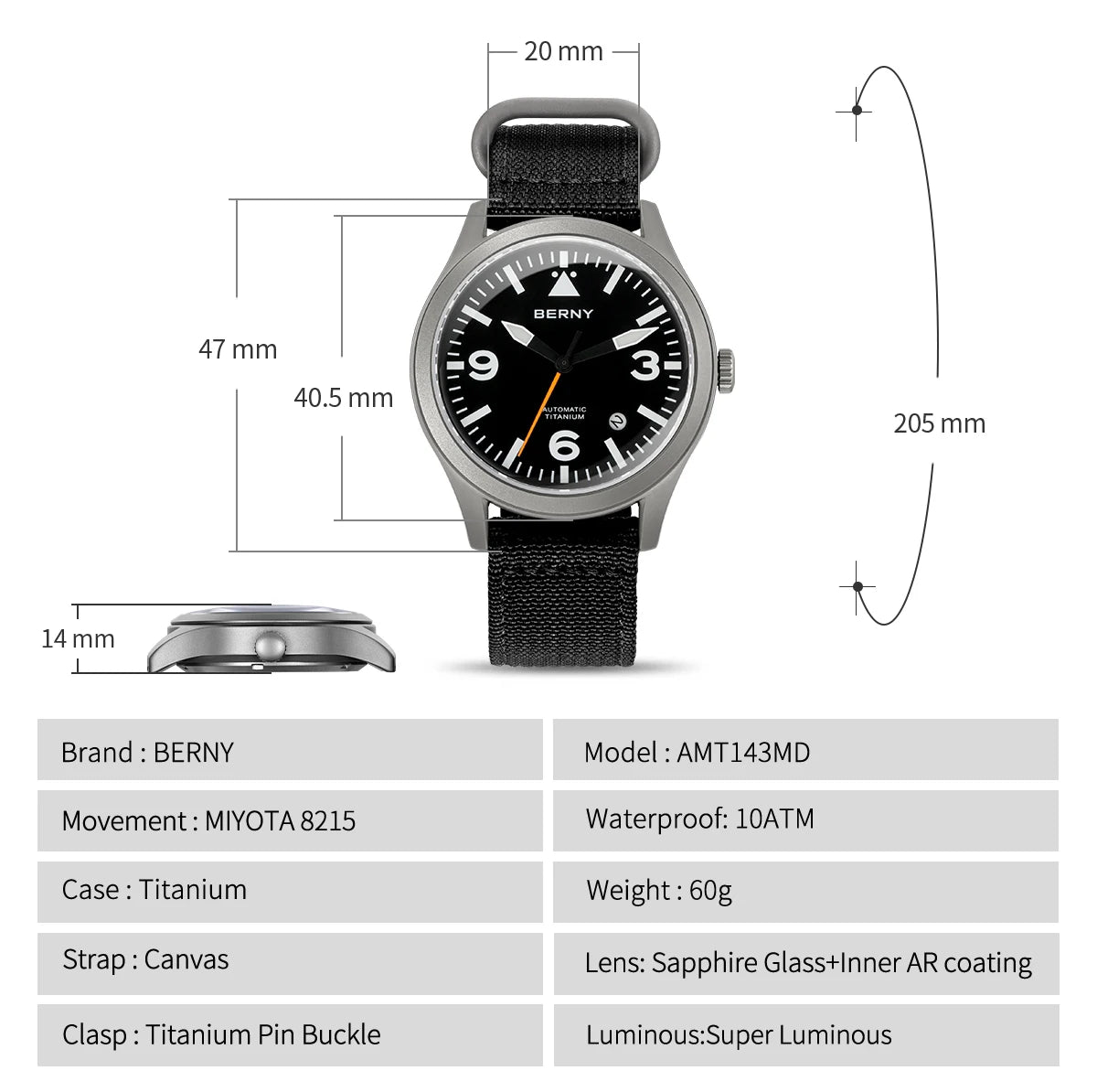 BERNY Titanium Automatic Field Watch – Mechanical Military Wristwatch with Sapphire Crystal